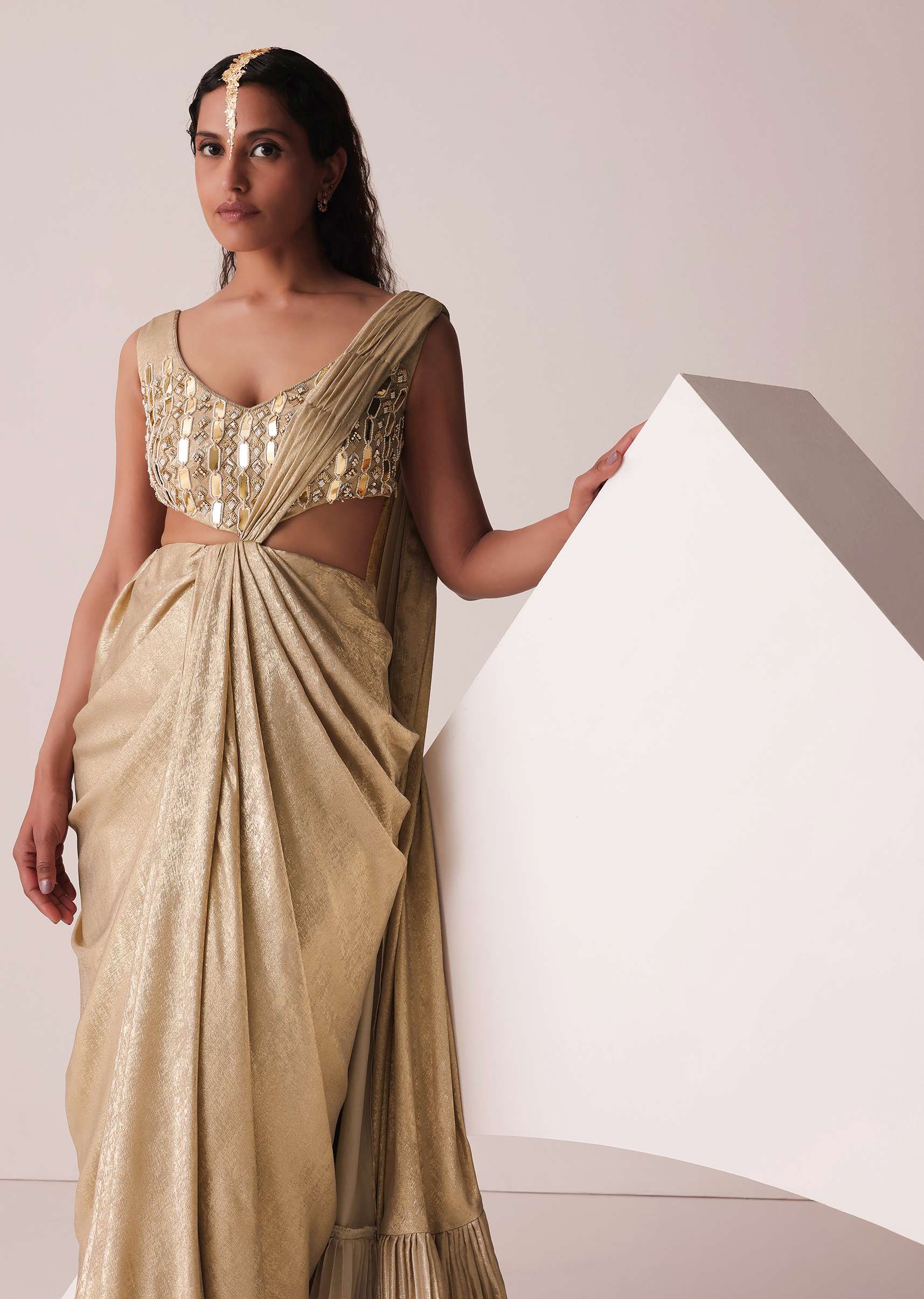 Golden Ready-To-Wear Embroidered Saree Gown In Gold Foil Fabric