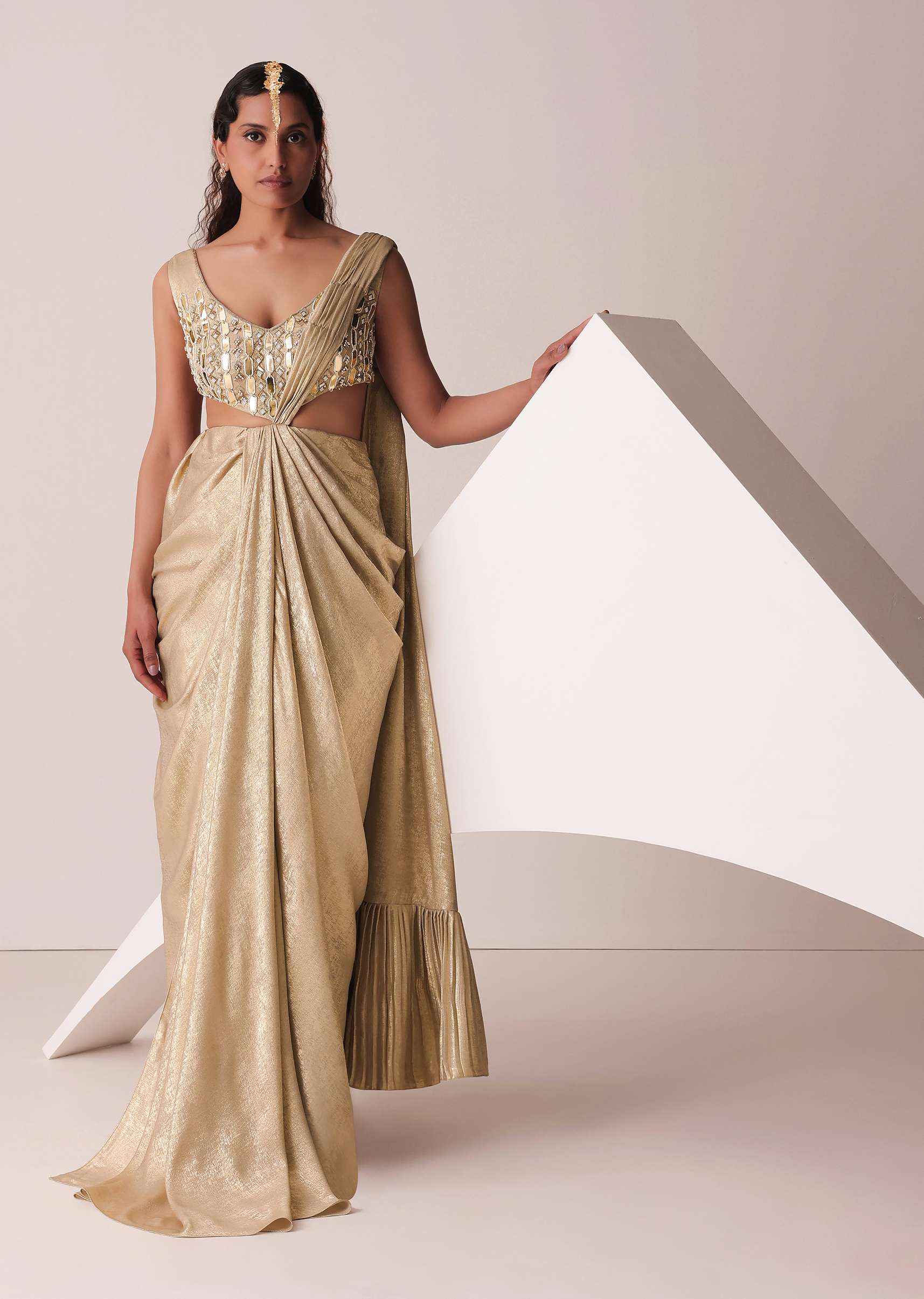 Golden Ready-To-Wear Embroidered Saree Gown In Gold Foil Fabric