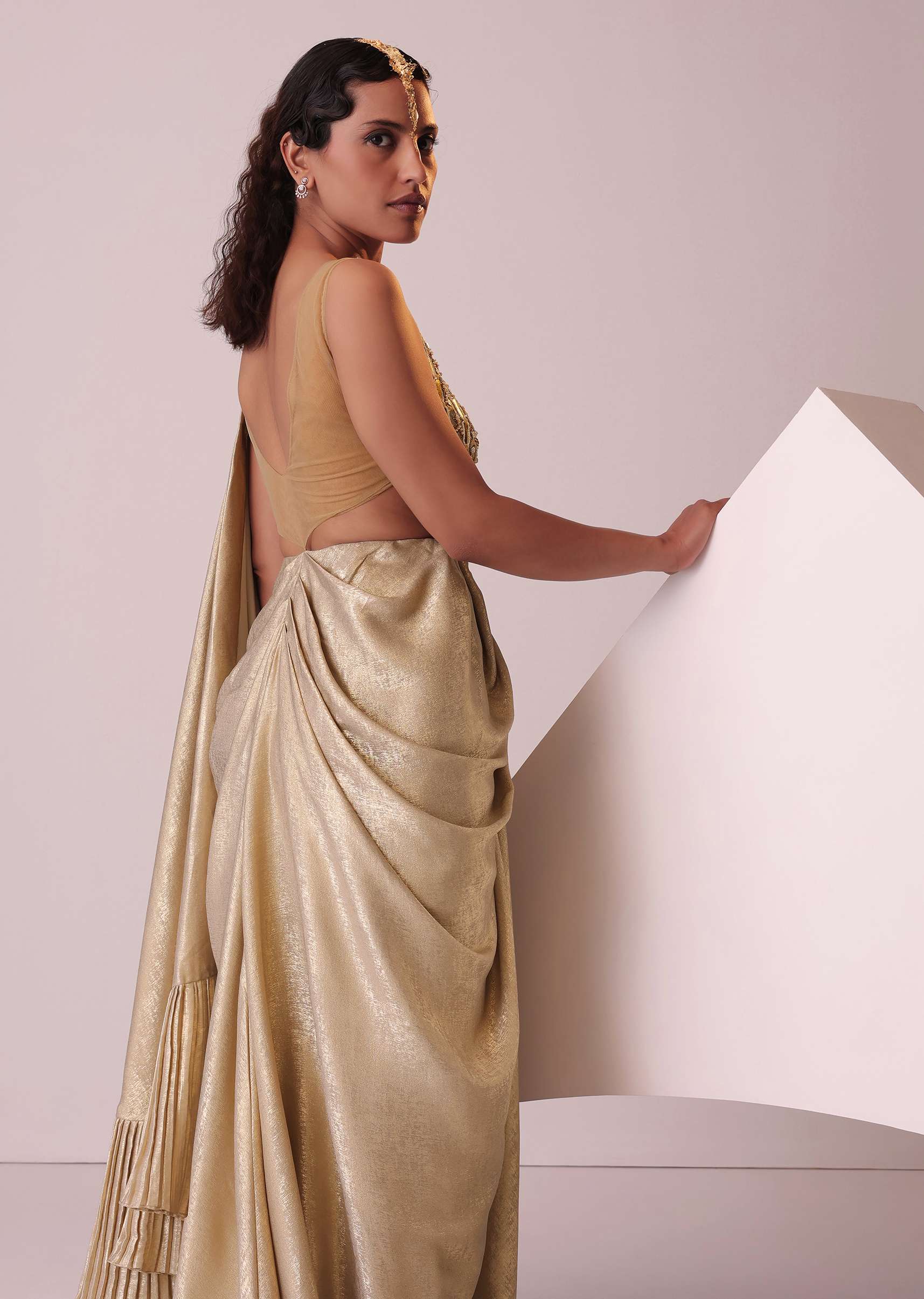 Golden Ready-To-Wear Embroidered Saree Gown In Gold Foil Fabric