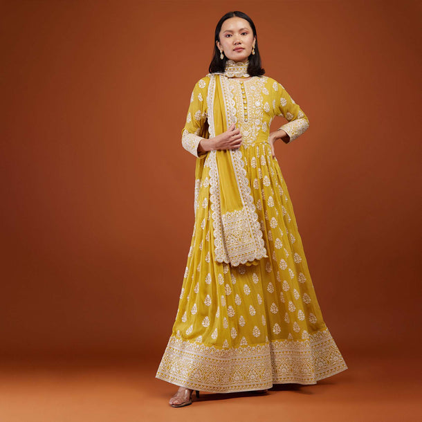 Marigold Yellow Embroidered Anarkali Suit In Georgette