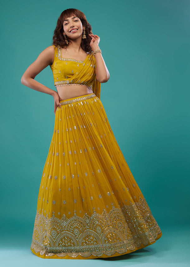 Chrome Yellow Embroidered Lehenga Set In Georgette