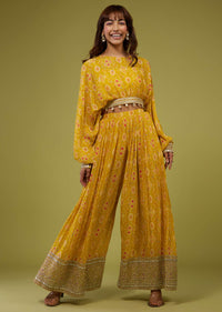 Mustard Yellow Patola Print Crop Top And Palazzo Set In Dola Silk