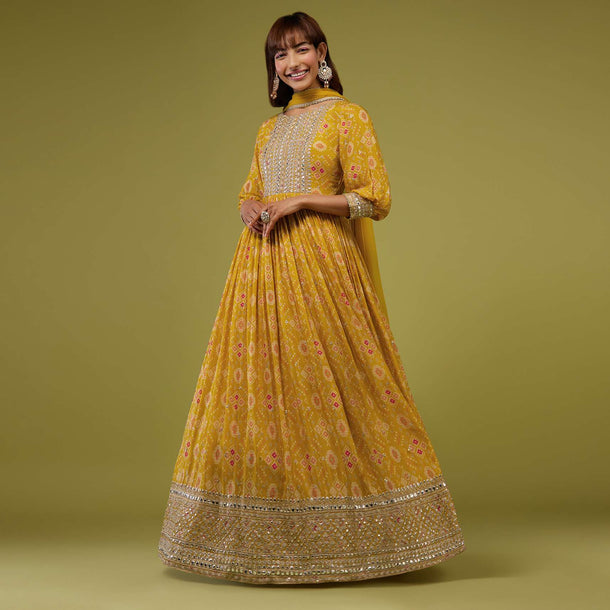 Cyber Yellow Silk Anarkali Suit In Patola Print