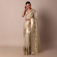 Golden Silk Saree With Exquisite Resham Thread Butti Work