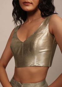 Golden Sleeveless Blouse In Gold Brocade With A V-Neckline