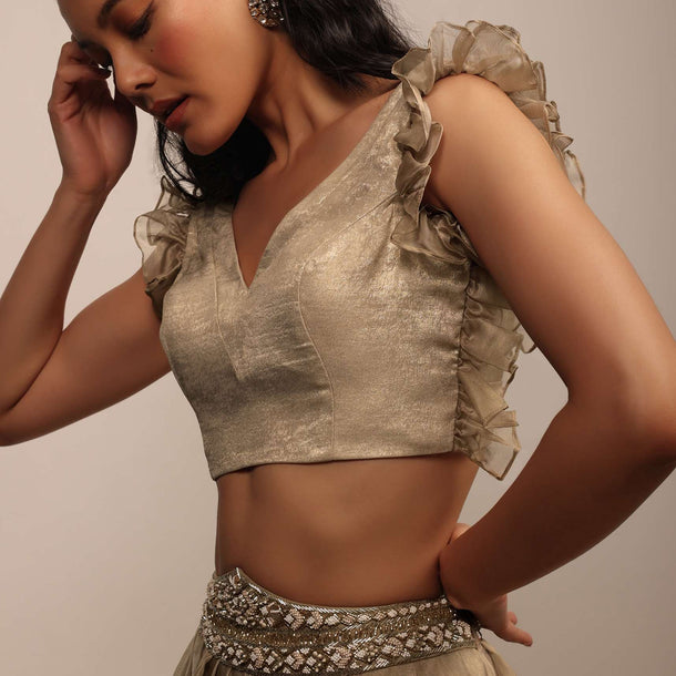 Golden Sleeveless Blouse In Satin Glam Gold With Ruffle Sleeve Frill