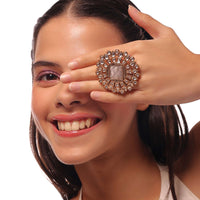 Golden Statement Finger-Ring In A Sunflower Shape Adorned With White Stones