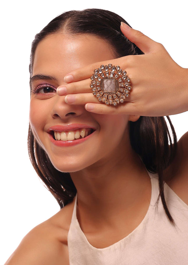 Golden Statement Finger-Ring In A Sunflower Shape Adorned With White Stones