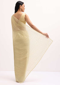 Golden Tone Embroidered Tissue Saree With Unstitched Blouse