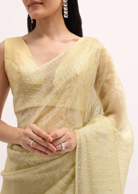 Golden Tone Embroidered Tissue Saree With Unstitched Blouse