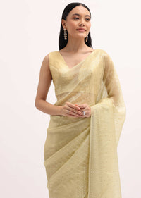 Golden Tone Embroidered Tissue Saree With Unstitched Blouse