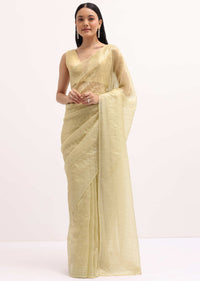 Golden Tone Embroidered Tissue Saree With Unstitched Blouse