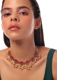 Golden Traditional Chocker & Earrings Set With Multi Color Beads And Adjustable Dori