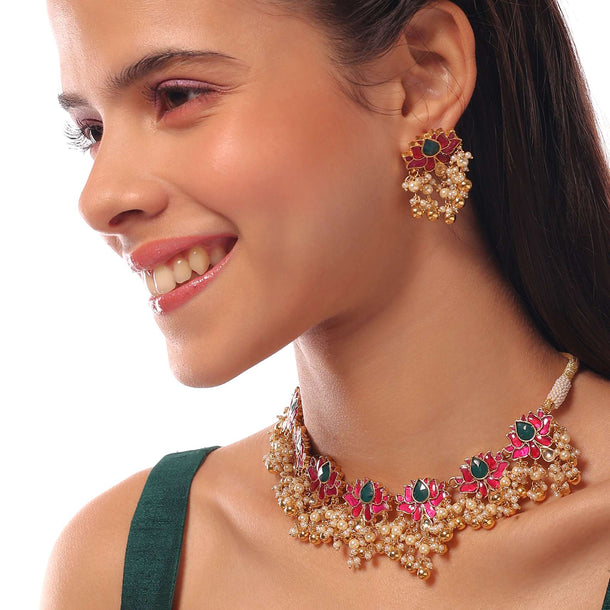 Golden Traditional Chocker & Earrings Set With Multi Color Beads And Adjustable Dori