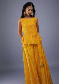 Cyber Yellow Bandhani Print Peplum Top With Yellow Tie-Dye Palazzo