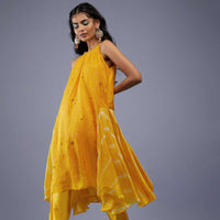 Cyber Yellow Bandhani Tunic Top In Silk With Printed Silk Dhoti Pants