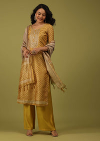 Golden Yellow Printed Palazzo Suit In Chanderi With Embroidery