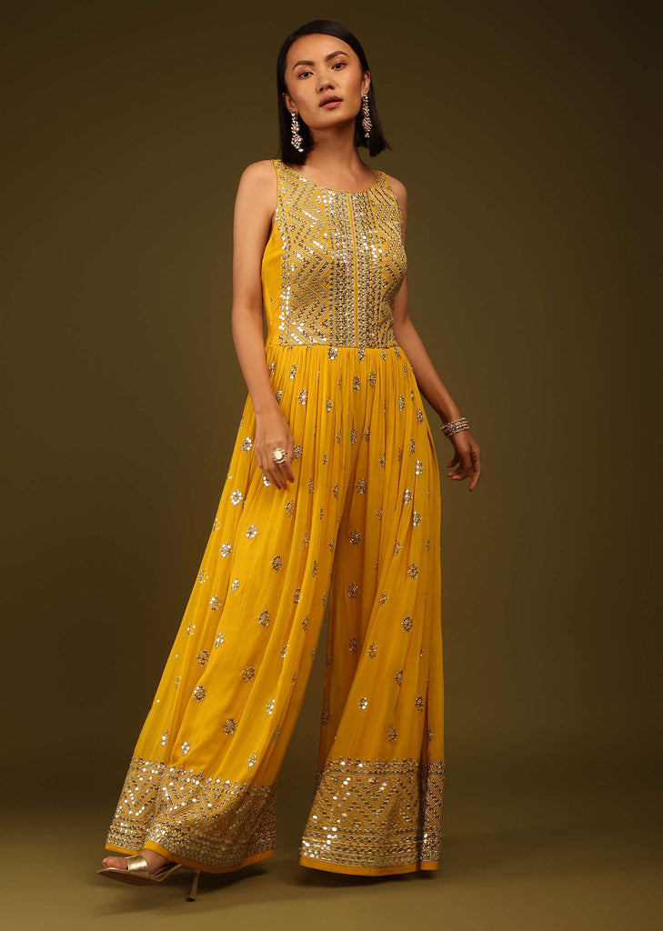 Golden Yellow Sequins Jumpsuit Sequins And Cut Dana Embroidered Buttis, Sleeveless, And Back Zip Closure.