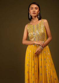 Golden Yellow Sequins Jumpsuit Sequins And Cut Dana Embroidered Buttis, Sleeveless, And Back Zip Closure.