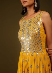 Golden Yellow Sequins Jumpsuit Sequins And Cut Dana Embroidered Buttis, Sleeveless, And Back Zip Closure.