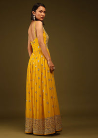 Golden Yellow Sequins Jumpsuit Sequins And Cut Dana Embroidered Buttis, Sleeveless, And Back Zip Closure.