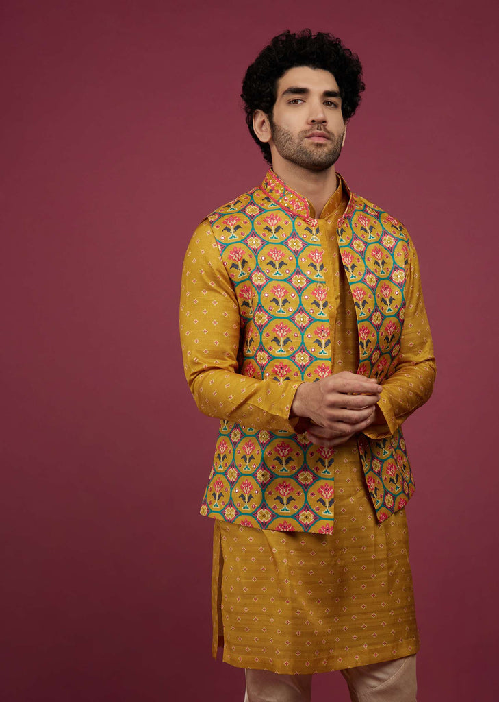 Amber Yellow Silk Patola Printed Bandi With Kurta Set