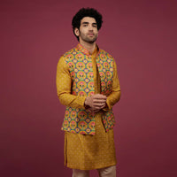 Amber Yellow Silk Patola Printed Bandi With Kurta Set