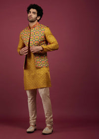 Amber Yellow Silk Patola Printed Bandi With Kurta Set