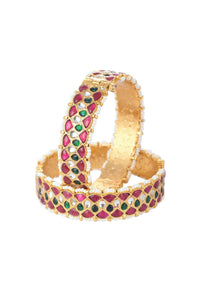 Gold Finish Bangles With Pearls And Meenakari Work (Set of 2)