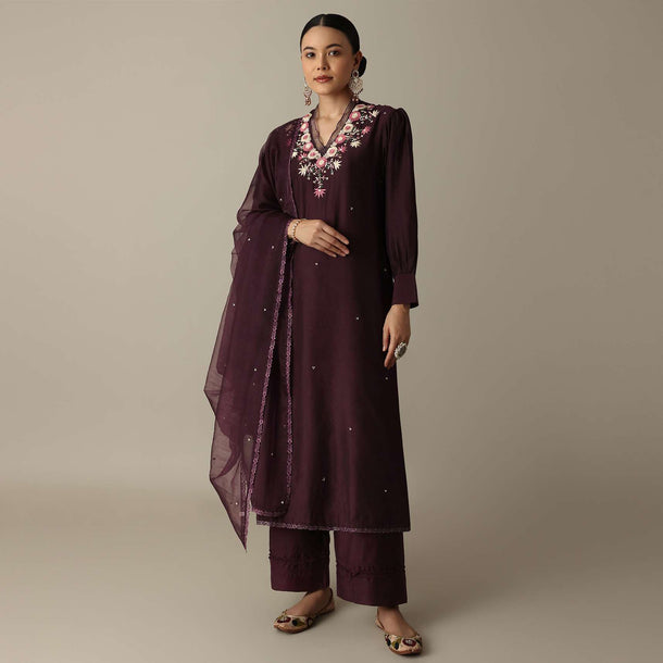 Gorgeous Brown Silk Kurti Set With Beaded Detailing