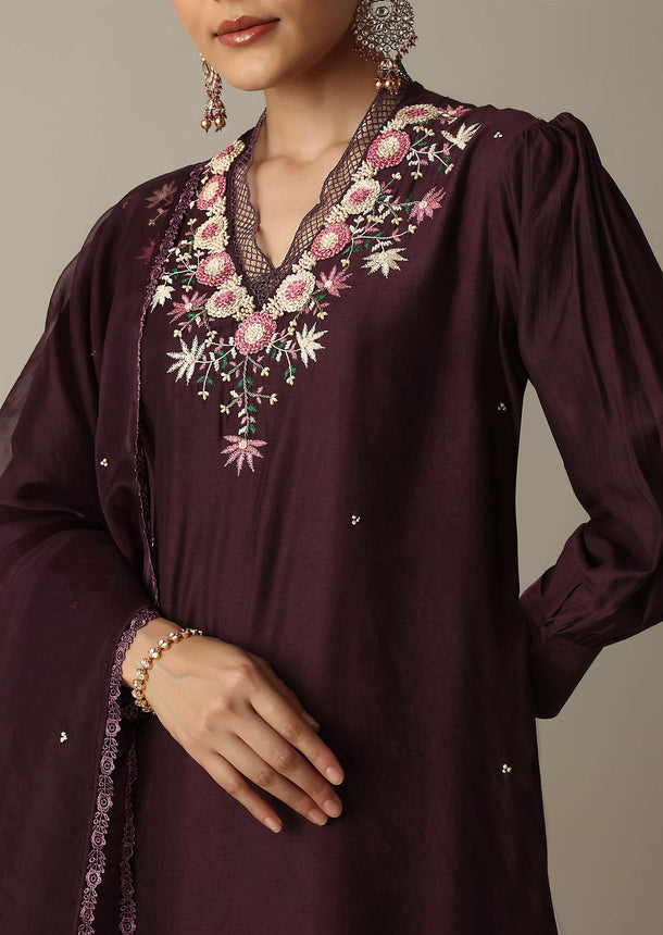 Gorgeous Brown Silk Kurti Set With Beaded Detailing