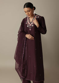 Gorgeous Brown Silk Kurti Set With Beaded Detailing
