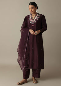 Gorgeous Brown Silk Kurti Set With Beaded Detailing