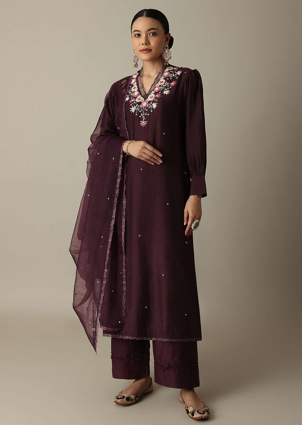 Gorgeous Brown Silk Kurti Set With Beaded Detailing