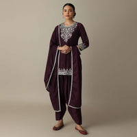 Gorgeous Wine Embroidered Silk Kurta Set