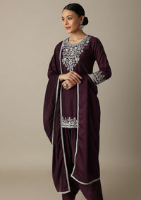 Gorgeous Wine Embroidered Silk Kurta Set