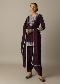 Gorgeous Wine Embroidered Silk Kurta Set