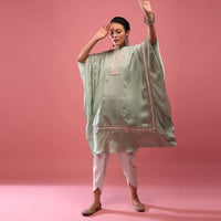 Powder Green Kaftan Suit Embroidered In Satin With Dhoti Pants