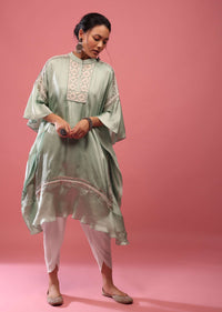 Powder Green Kaftan Suit Embroidered In Satin With Dhoti Pants