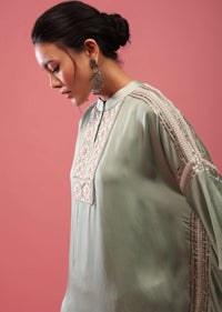 Powder Green Kaftan Suit Embroidered In Satin With Dhoti Pants