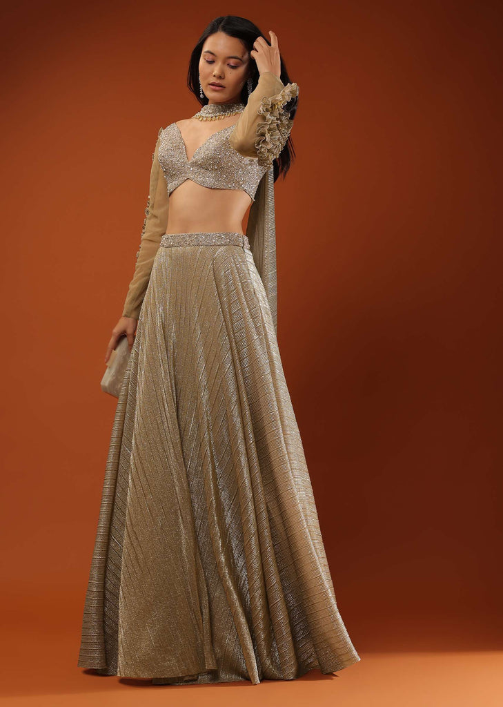 Gothic Olive Lehenga And A Crop Top Set In Shimmer Crush, Crop Top Comesi In Full Sleeves With Afrill On The Top