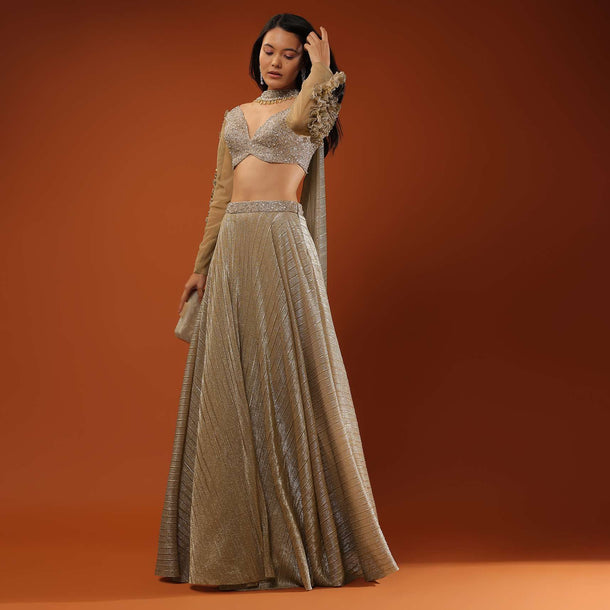 Gothic Olive Lehenga And A Crop Top Set In Shimmer Crush, Crop Top Comesi In Full Sleeves With Afrill On The Top