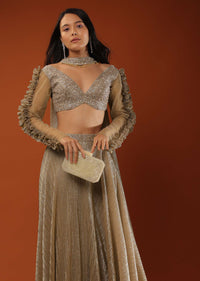 Gothic Olive Lehenga And A Crop Top Set In Shimmer Crush, Crop Top Comesi In Full Sleeves With Afrill On The Top