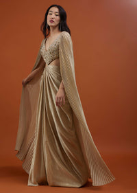 Mocha Brown Gown With A Pre-Pleated Dhoti Skirt Area And Royal Cape Sleeves- NOOR 2022