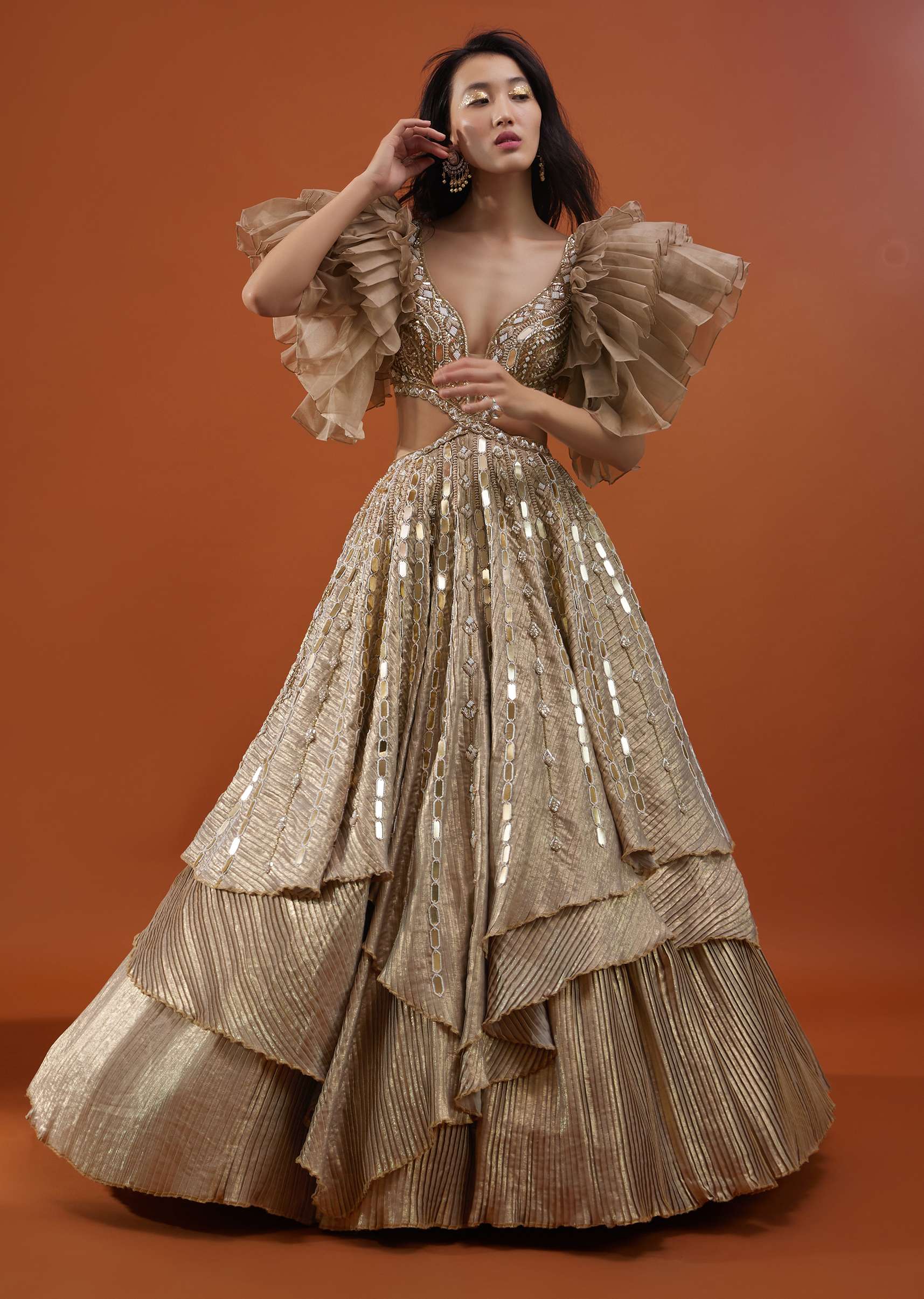 Gold Toned Kalki Gown With Ruffle Sleeves And Embroidery - NOOR 2022