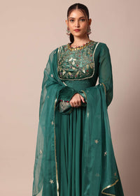Graceful Green Embroidered Anarkali With Organza Dupatta