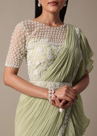 Graceful Green Pleated Saree With Ready Made Blouse