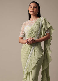 Graceful Green Pleated Saree With Ready Made Blouse