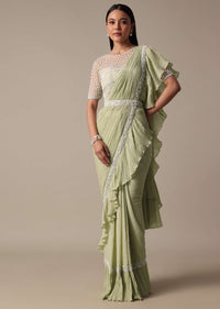 Graceful Green Pleated Saree With Ready Made Blouse