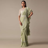 Graceful Green Pleated Saree With Ready Made Blouse